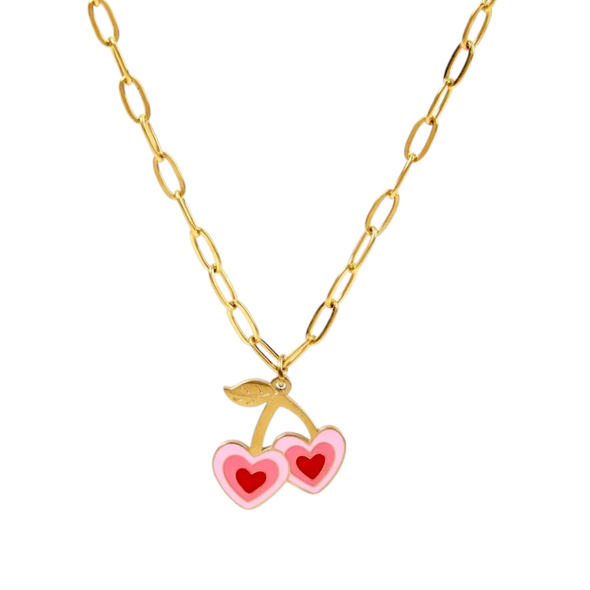 Pink Sweet Cherry Heart Necklace -18K