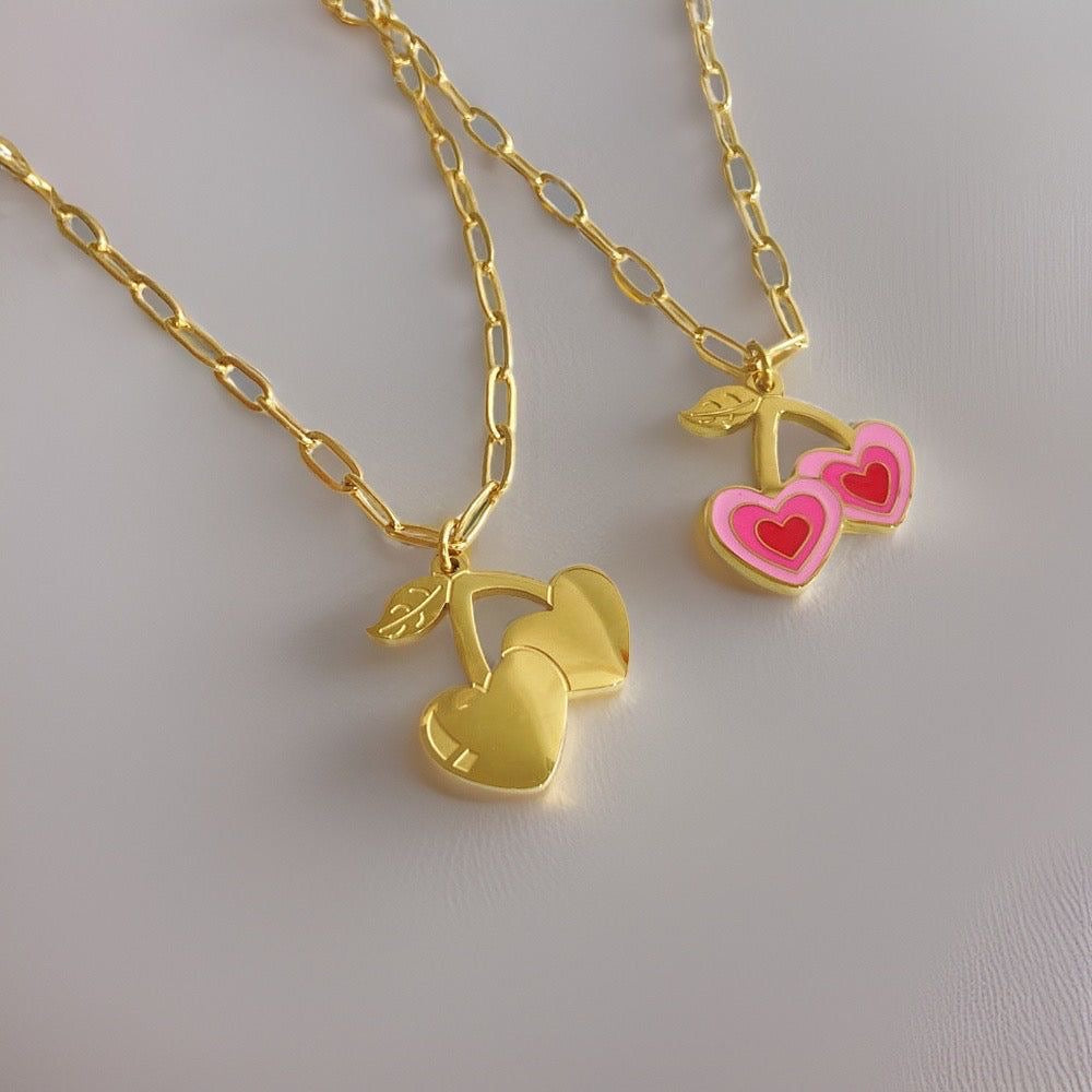 Pink Sweet Cherry Heart Necklace -18K