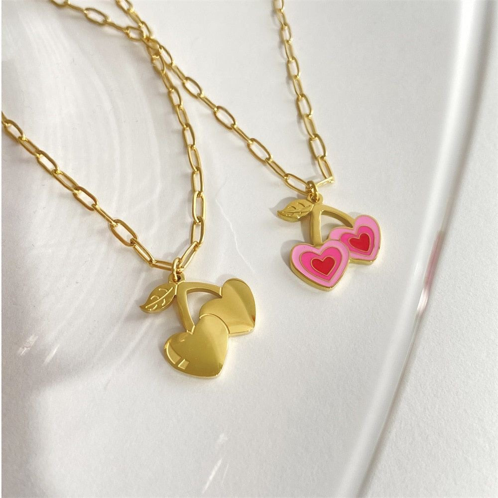 Pink Sweet Cherry Heart Necklace -18K