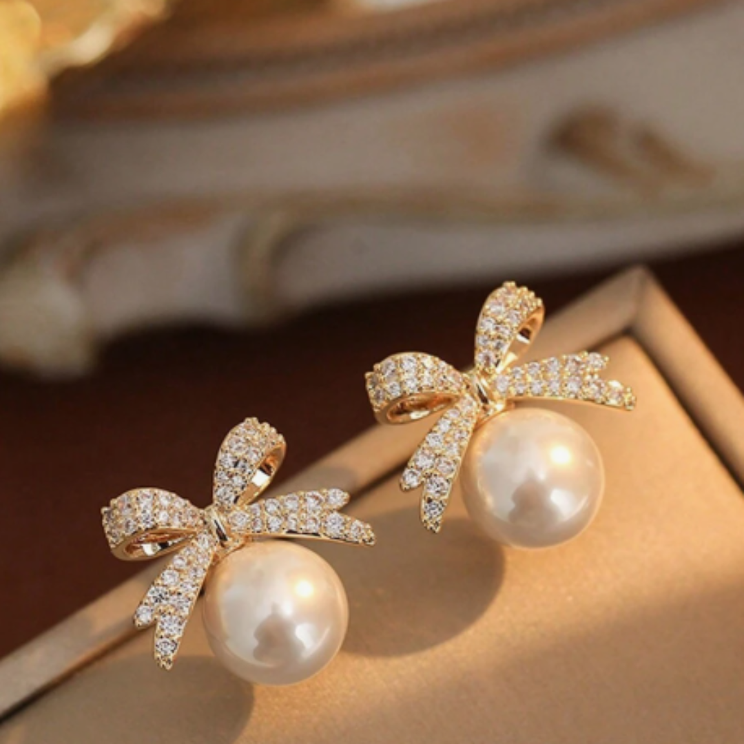Freshwater Pearl Earrings | Crystal Bow Design
