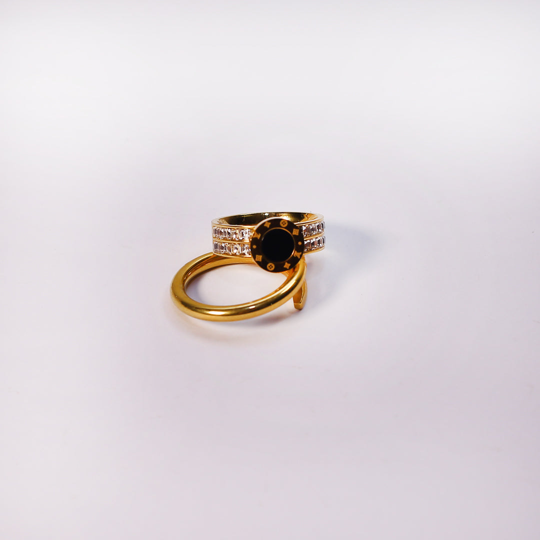 Bold Gold Ring | Black Stone & Crystal Accents