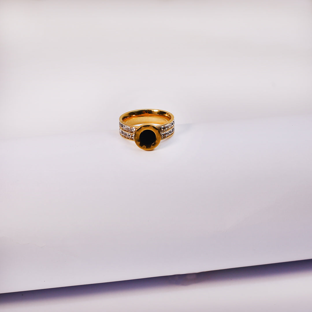 Bold Gold Ring | Black Stone & Crystal Accents