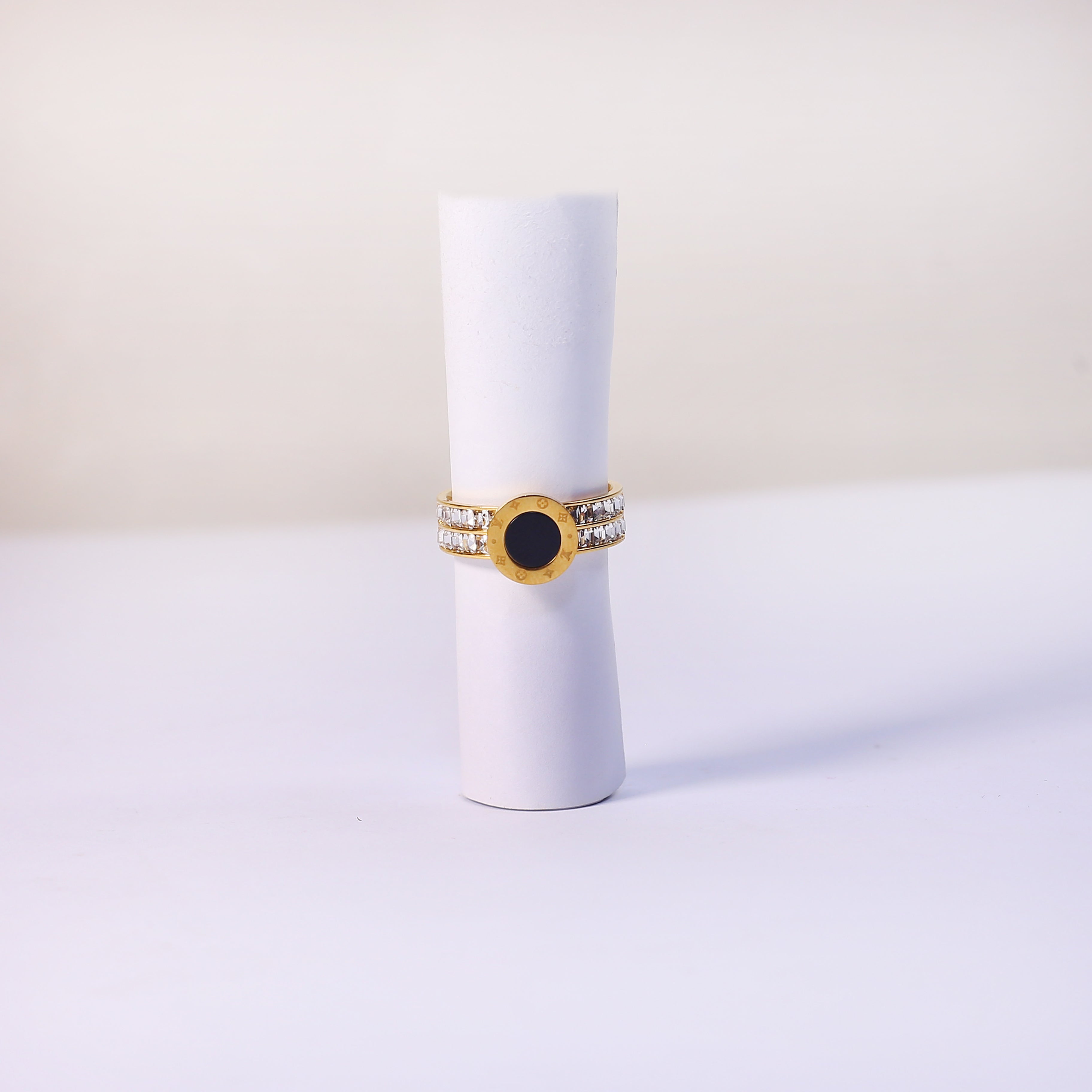 Bold Gold Ring | Black Stone & Crystal Accents
