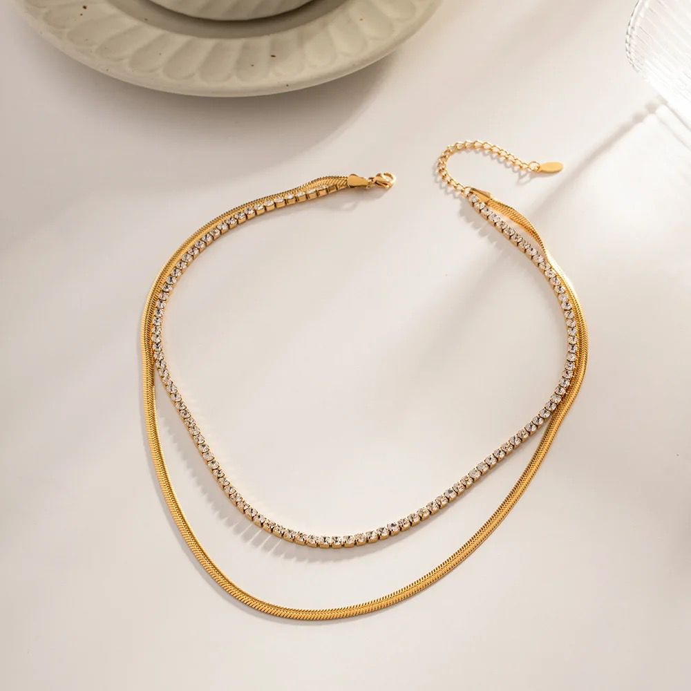Melina Layered Cz Tennis x Snake Chain Necklace